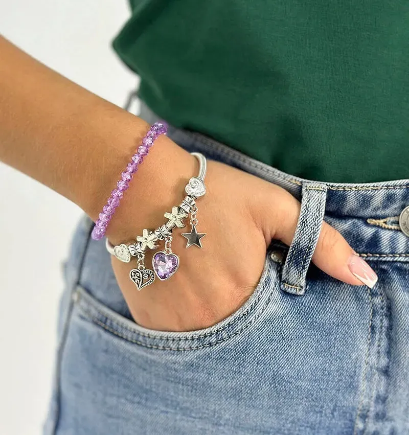 Set dvoch dámskych náramkov s príveskami Silver Heart lila