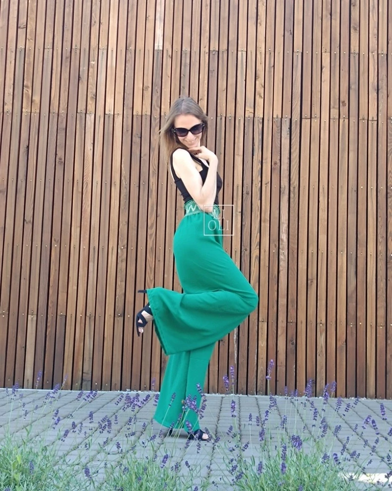 Ľahké letné zelené nohavice LILI s ozdobným pasom