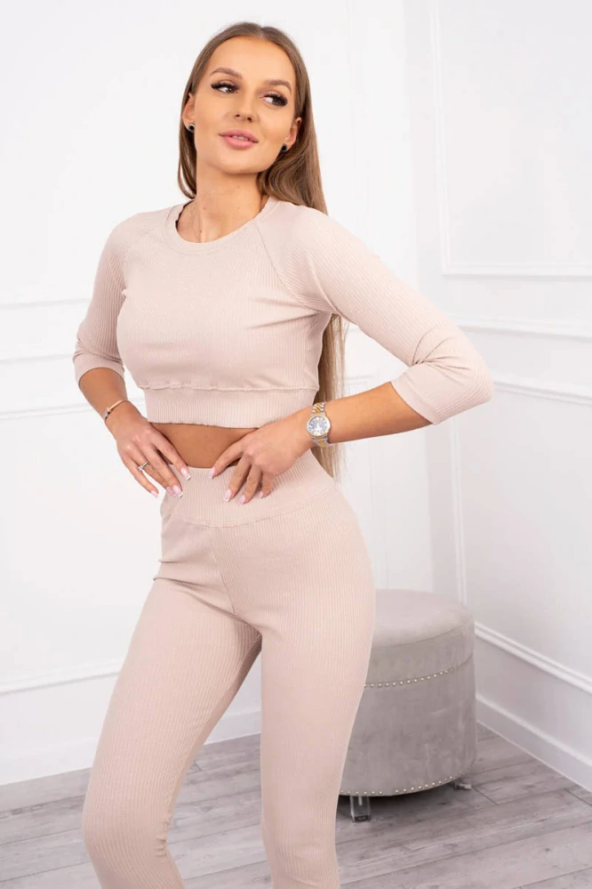Rebrovaná beige súprava KERI: top + legíny