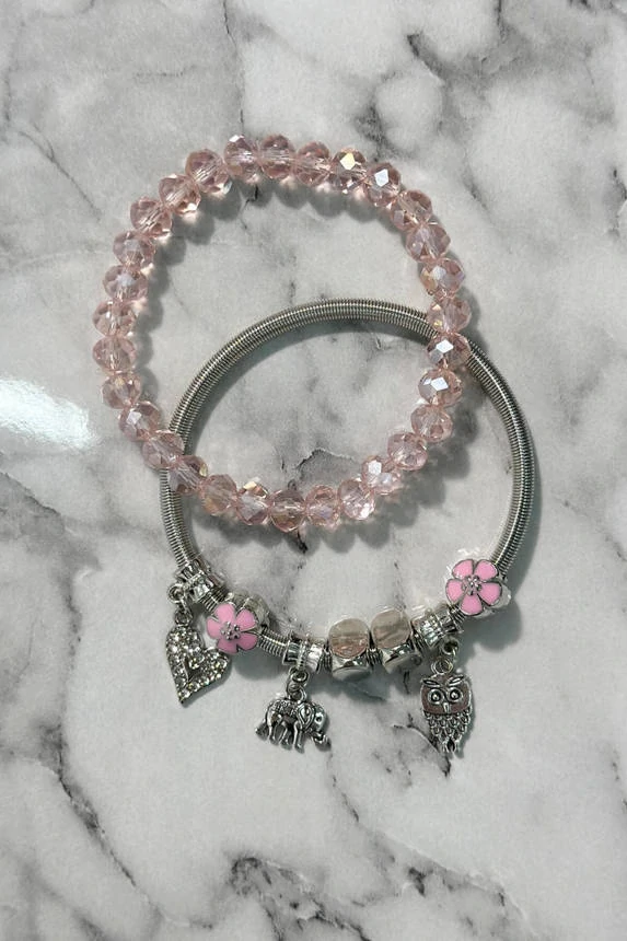 Set dvoch dámskych náramkov s príveskami Silver Flower ružový