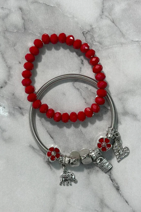 Set dvoch dámskych náramkov s príveskami Silver Flower červený