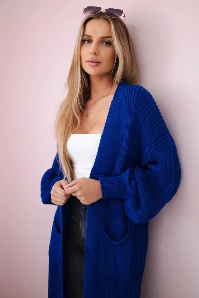 Dlhý modrý rebrovaný pletený sveter MARLY