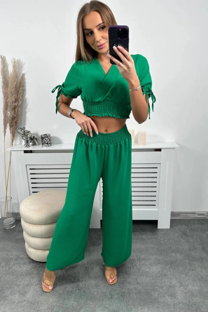 Letný zelený viskózový set: blúzka a nohavice