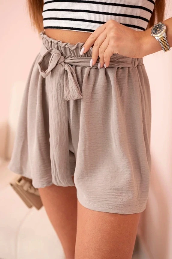 Krátke viskózové nohavice s mašličkou v páse Kitty cappuccino