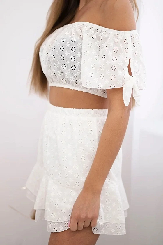 Vyšívaná dámska súprava cream - sukňa + top