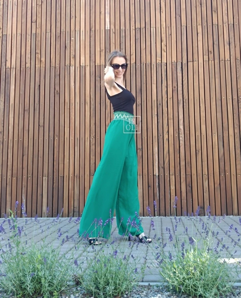 Ľahké letné zelené nohavice LILI s ozdobným pasom